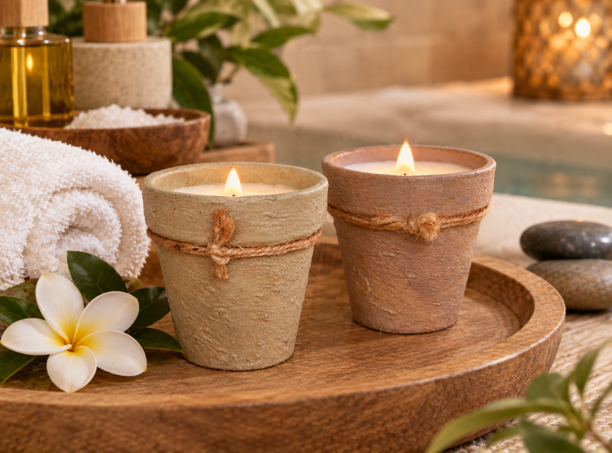 Two lit spa candles in rustic terracotta pots with twine details, styled on a wooden tray with a white towel, plumeria flower, and spa props in a warm bathroom setting.