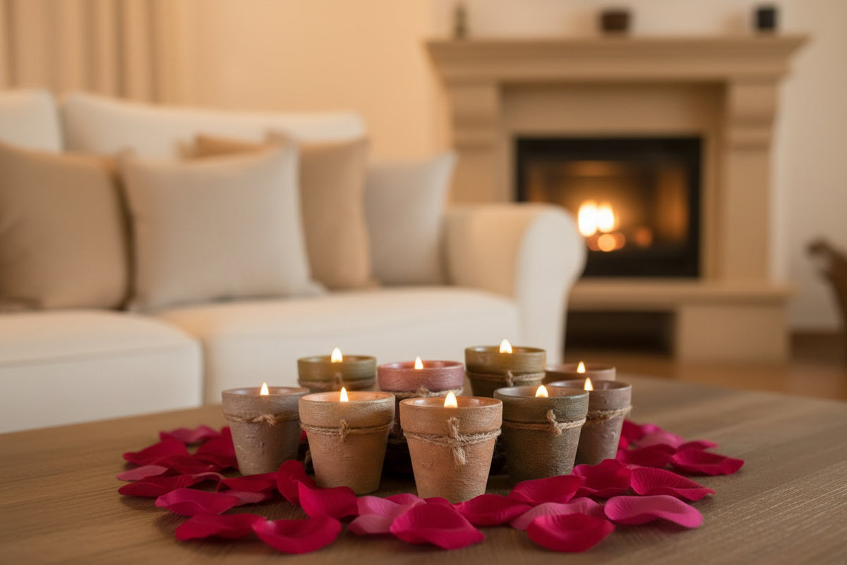 Gift Set of 4 hand-painted Terracotta Mini Candles 3 oz Soy-Coconut VOLCANES Collection