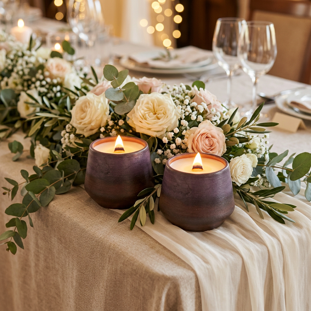 Two lit dark purple ceramic candle holders placed on a beige table runner, surrounded by a floral centerpiece with cream and blush roses, eucalyptus leaves, and baby's breath on a decorated dining table.