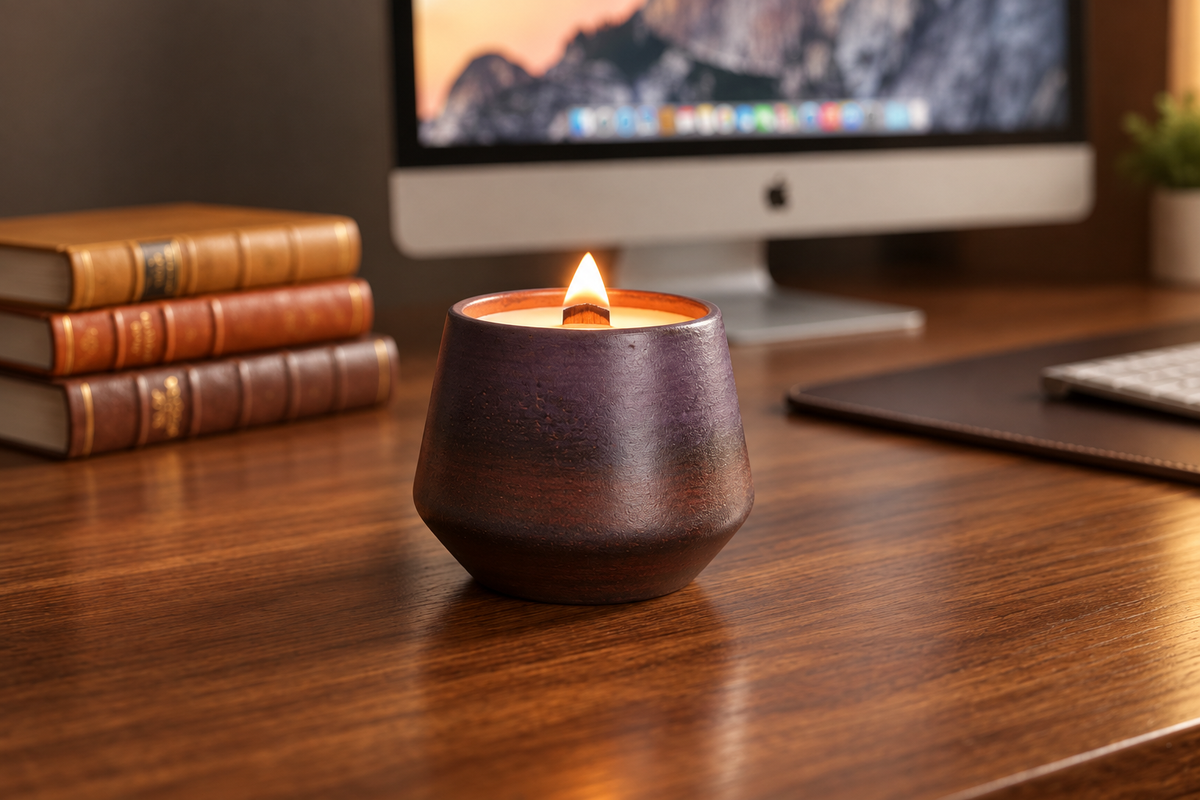 A lit candle in a dark brown textured ceramic holder sits on a wooden desk next to a stack of books, with an iMac and keyboard in the blurred background.