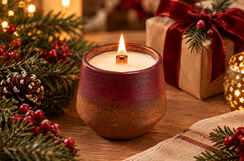 A lit single-wick candle in a rustic ceramic holder with a warm red-to-brown gradient glaze, styled on a wooden surface with Christmas greenery, red berries, and a wrapped gift in the background.
