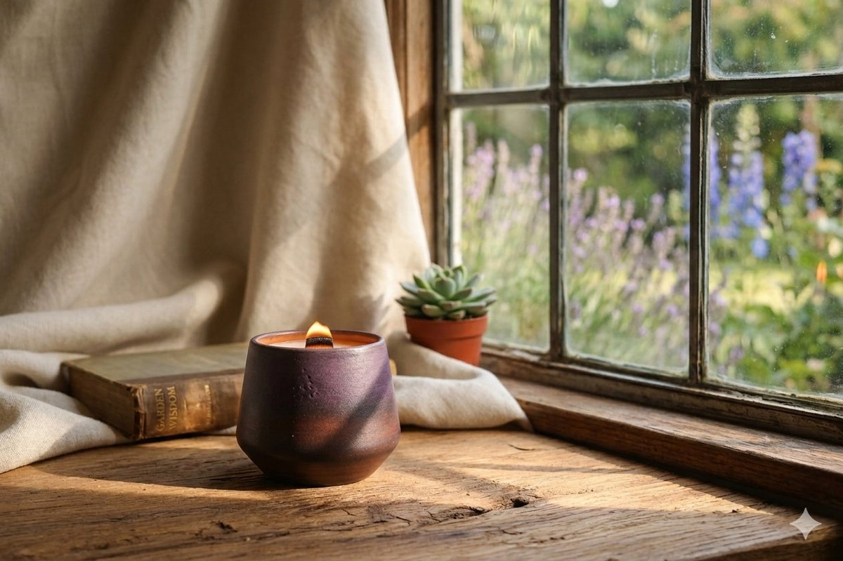 A lit purple ceramic candle sits on a rustic wooden windowsill next to a book and a small potted succulent, with a beige curtain and a garden view outside.