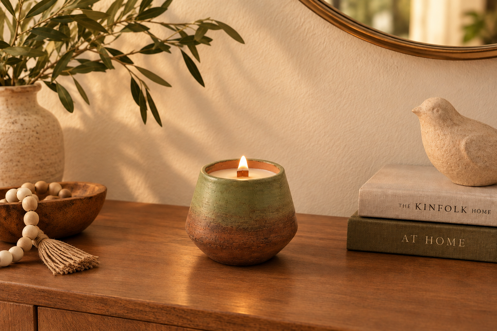 A lit ceramic candle holder with a green and brown gradient glaze sits on a wooden console table in a warm, styled room setting with a plant, books, and a decorative bird figurine.