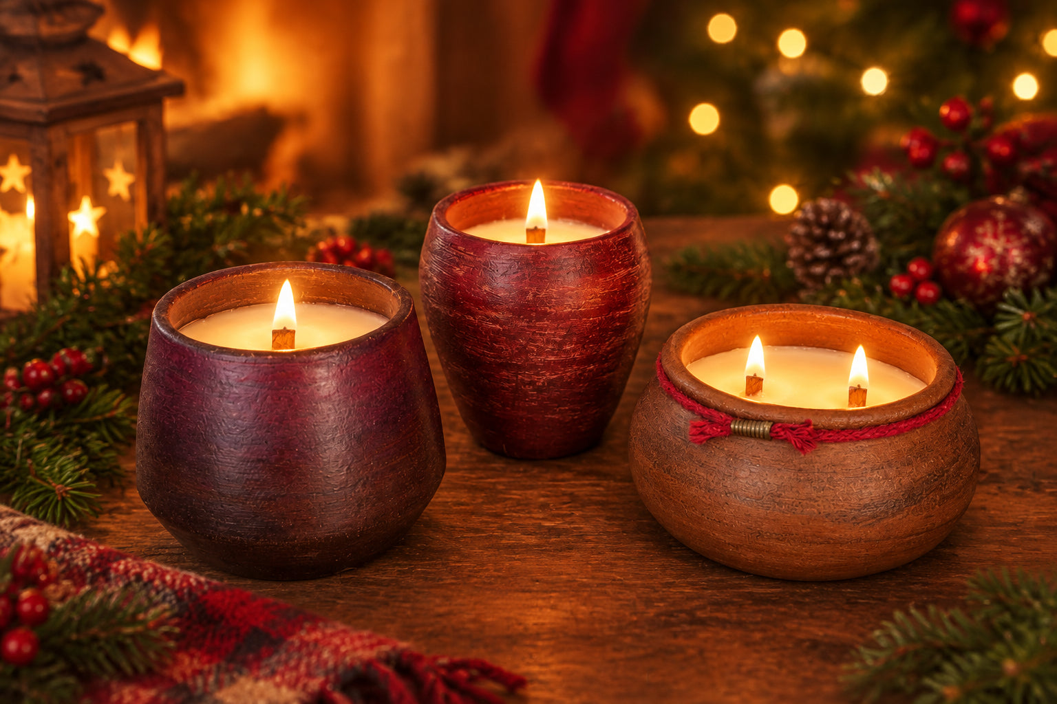 Three small ceramic candle holders in different earthy tones of brown, burgundy, and purple, each containing a white candle, arranged on a solid beige background.