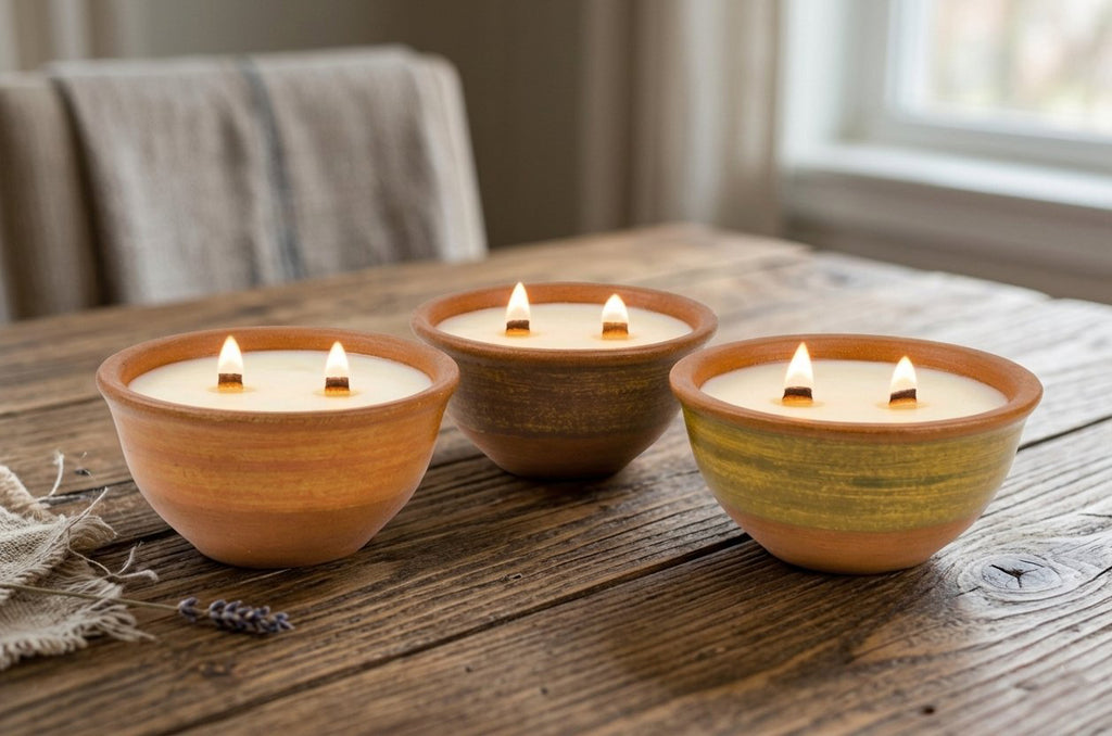 Three lit wax candles in rustic ceramic bowls arranged on a wooden table, with a softly blurred indoor background and a window behind them.