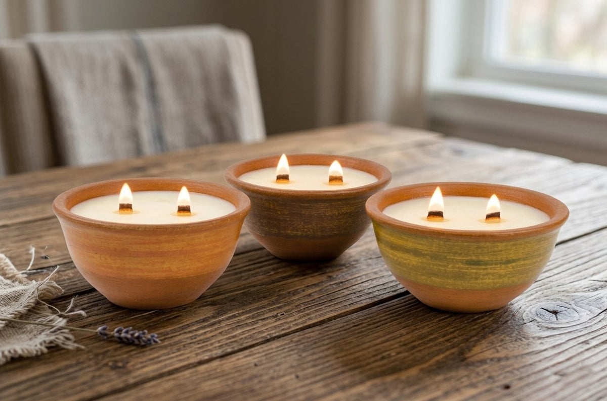 Three lit wax candles in rustic ceramic bowls arranged on a wooden table, with a softly blurred indoor background and a window behind them.