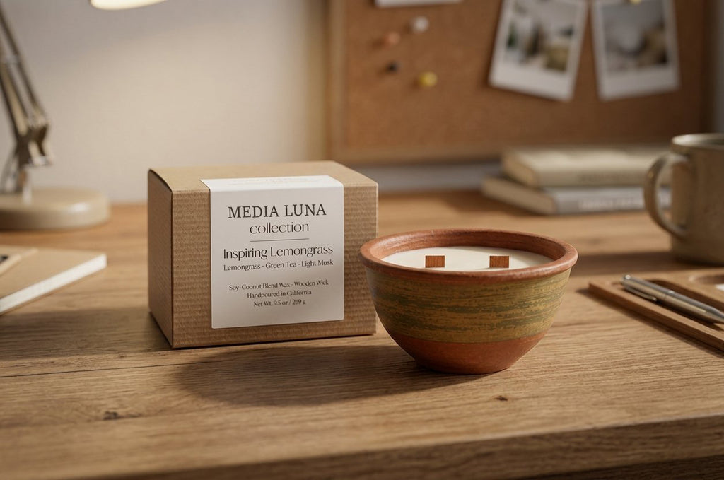 A candle product shown on a wooden desk with its kraft paper box and a small ceramic candle bowl. The box reads 'MEDIA LUNA collection' and 'Inspiring Lemongrass'.