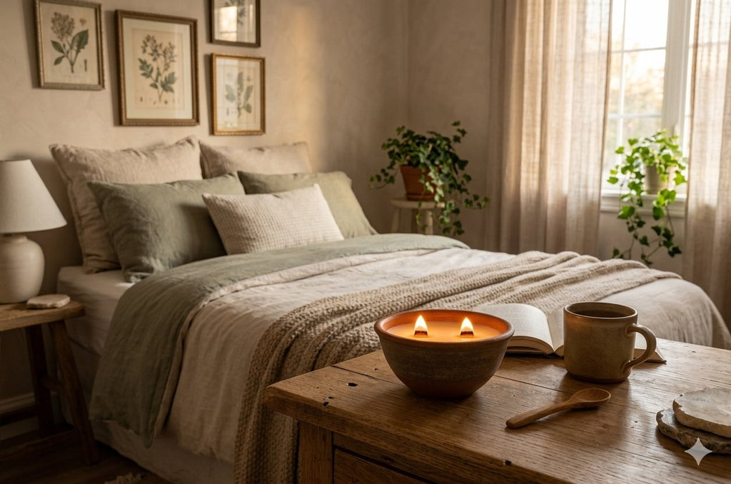 A cozy bedroom scene with a neatly made bed in soft beige and sage green bedding, framed botanical prints on the wall, a bedside lamp, and a wooden table in the foreground holding a lit candle bowl, an open book, a mug, and a spoon. Sunlight streams in from a window with sheer curtains and potted plants.