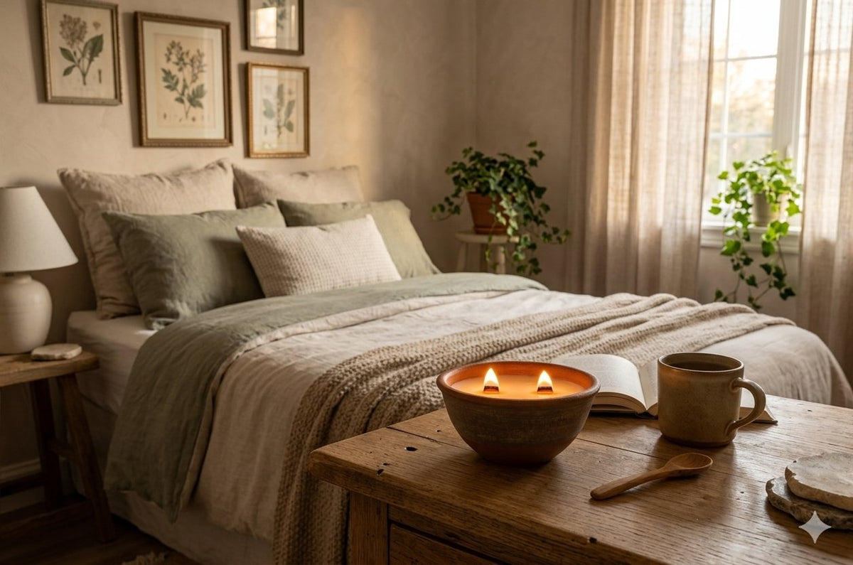 A cozy bedroom scene with a neatly made bed in soft beige and sage green bedding, framed botanical prints on the wall, a bedside lamp, and a wooden table in the foreground holding a lit candle bowl, an open book, a mug, and a spoon. Sunlight streams in from a window with sheer curtains and potted plants.