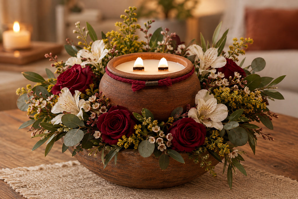 A rustic wooden bowl candle holder filled with two lit candles, surrounded by a floral arrangement of deep red roses, white flowers, and green foliage on a wooden table in a warmly lit room.