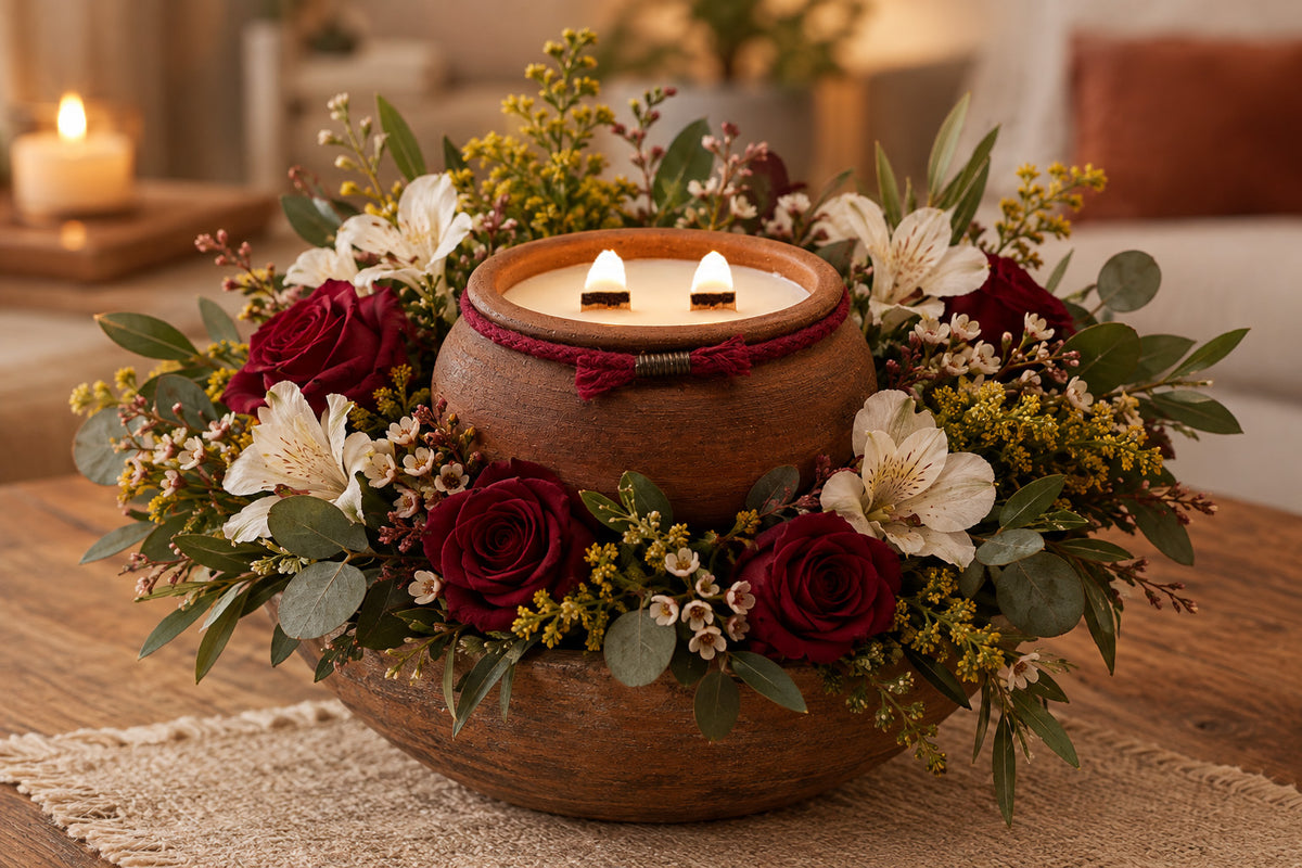 A rustic wooden bowl candle holder filled with two lit candles, surrounded by a floral arrangement of deep red roses, white flowers, and green foliage on a wooden table in a warmly lit room.