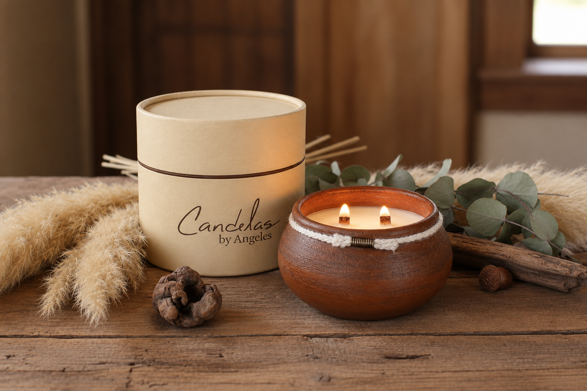 A two-piece candle set from Candles by Angeles, featuring a matte beige cylindrical box and a brown ceramic candle holder with two lit wicks, styled on a rustic wooden table with dried grass, a pinecone, and eucalyptus.