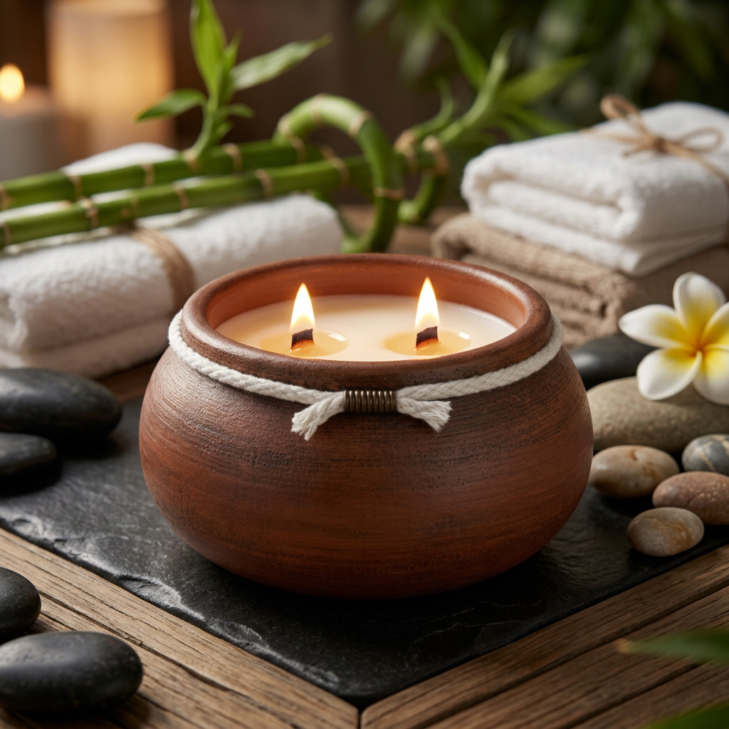 A lit double-wick soy candle in a rustic brown ceramic pot with a white rope tie, styled on a black slate tray with spa elements like smooth stones, folded white towels, bamboo, and a white flower.