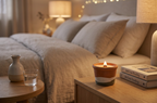 A lit terracotta candle with a white band sits on a wooden bedside table next to a bed with beige linens and pillows, with a lamp and books in the softly blurred background.