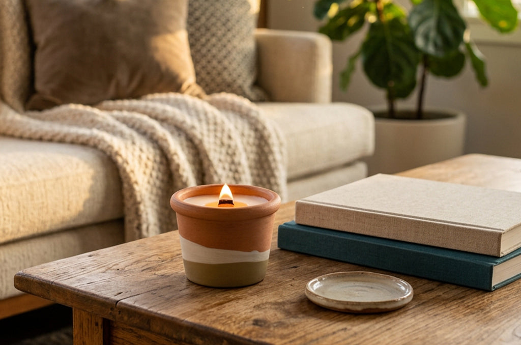 A lit terracotta candle holder with a small flame sits on a wooden coffee table in a cozy living room setting, next to stacked books and a small dish, with a sofa and potted plant in the background.
