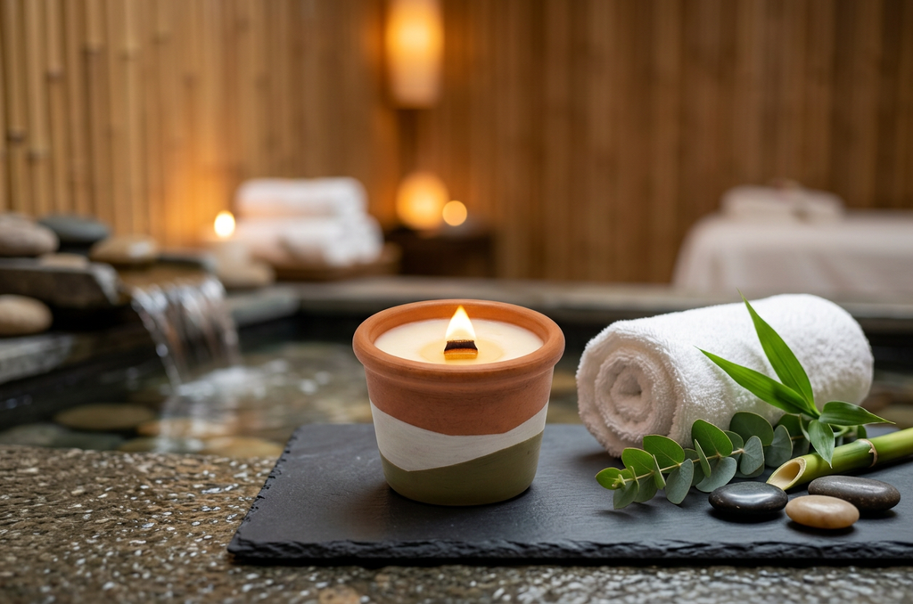 A lit candle in a terracotta and white ceramic cup sits on a spa-style stone surface beside a rolled white towel, green leaves, and smooth stones, with a blurred warm-toned spa interior in the background.