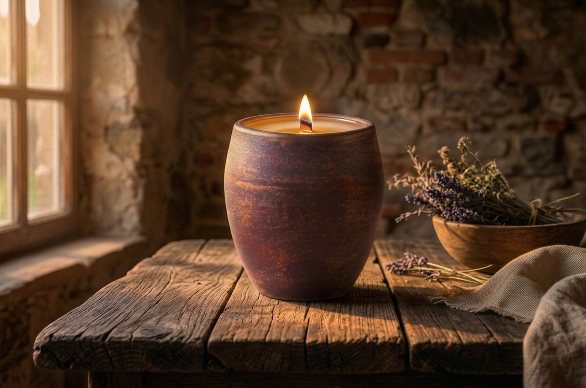 A lit jar candle in a rustic brown ceramic container sits on a weathered wooden table beside dried lavender and linen, with a stone wall and window in the background.