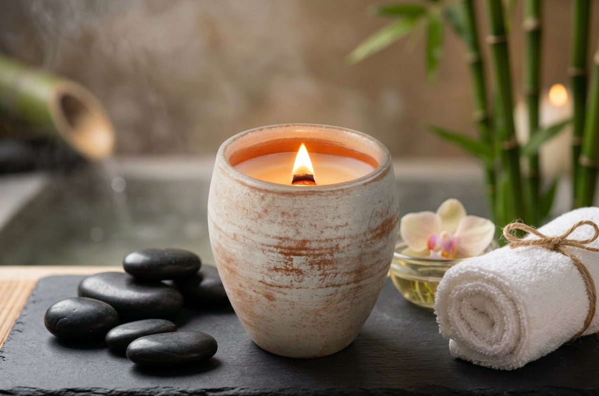 A lit candle in a textured beige ceramic holder sits on a spa-style stone surface with black stones, a rolled white towel, a small flower, and bamboo in the background.