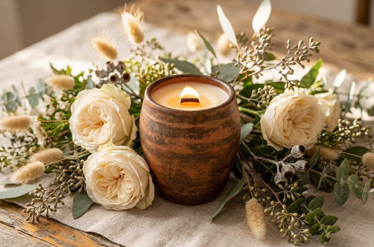 A lit candle in a rustic brown ceramic holder, surrounded by cream roses, eucalyptus leaves, and soft dried botanicals on a neutral fabric surface.