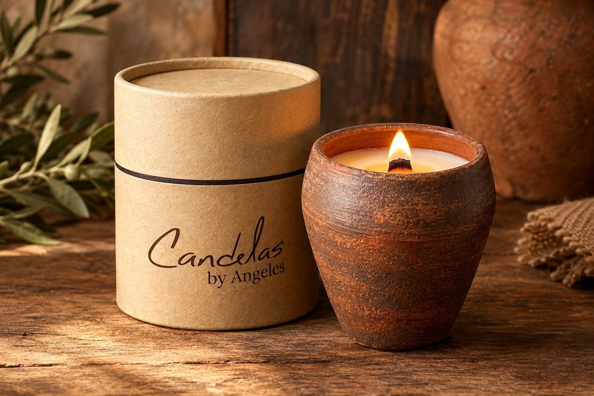 A lit brown ceramic candle holder next to its kraft paper cylindrical box labeled 'Candelas by Angeles' on a rustic wooden surface.