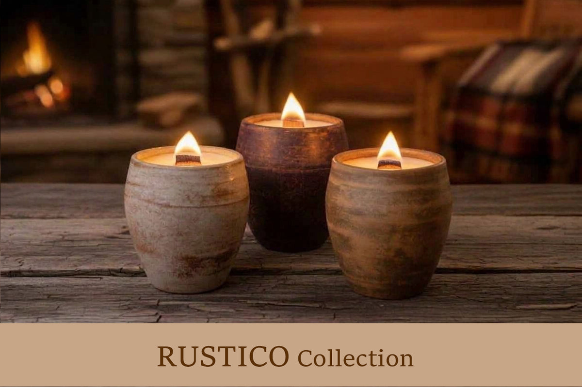 Three rustic ceramic candle holders with lit candles on a wooden table, with a cozy indoor background and a banner at the bottom reading 'RUSTICO Collection'.