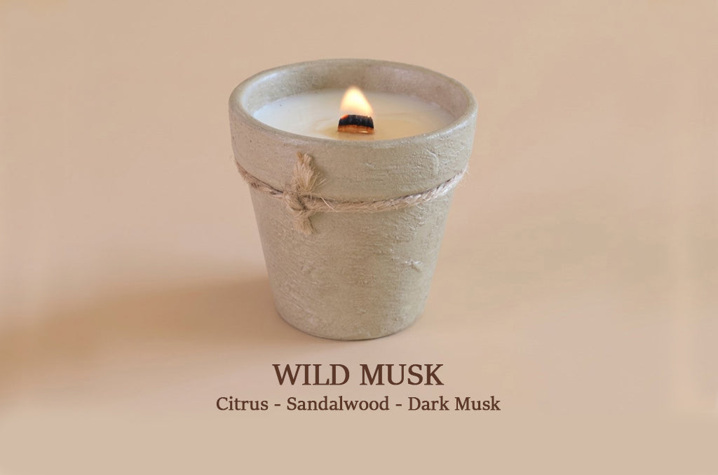 A lit candle in a textured, light gray ceramic pot with a small twine bow, set against a warm beige background. Text below reads 'WILD MUSK Citrus - Sandalwood - Dark Musk'.