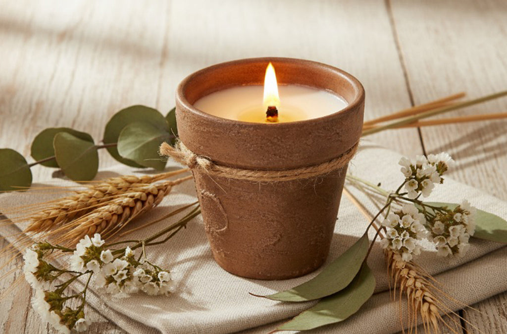 A lit candle in a rustic terracotta pot with a twine-wrapped band, styled on a linen cloth with wheat stalks, eucalyptus leaves, and small white flowers on a light wood surface.