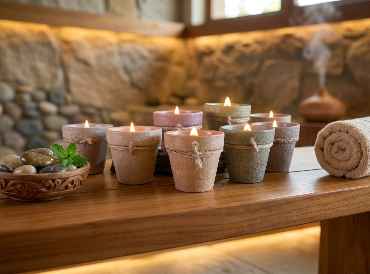 A group of small unglazed ceramic candles in earthy tones, lit and arranged on a wooden table in a spa-like setting with a stone wall, rolled towel, and bowl of stones.
