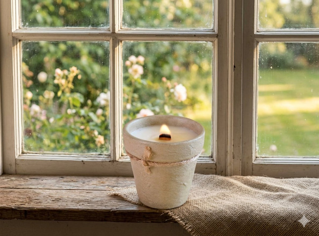 A rustic white ceramic candle pot with a single lit wick sits on a burlap cloth on a wooden windowsill, with a blurred garden and window pane in the background.