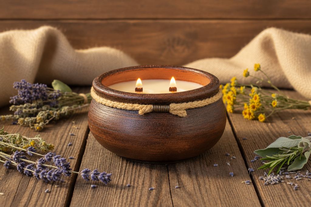 A rustic brown ceramic candle holder with two lit candles, decorated with a rope band and a small metal accent, set on a wooden table with dried lavender, sage, and yellow flowers.