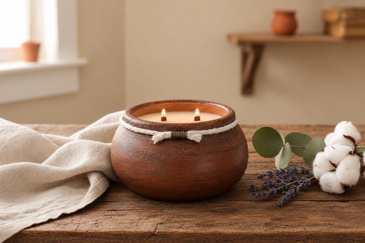 A rustic brown ceramic candle holder with two lit candles sits on a wooden table, styled with a beige linen cloth, lavender sprigs, and cotton bolls in a warm, softly lit room.